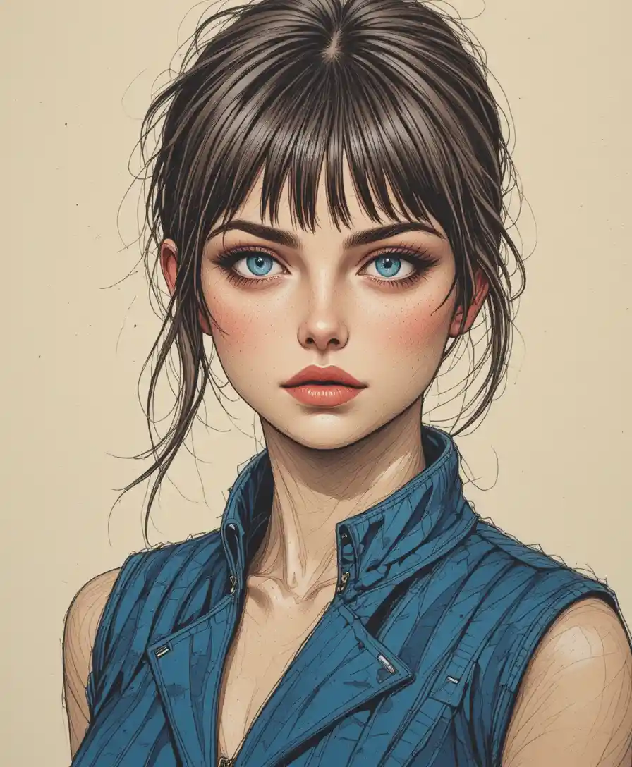 藍眼年輕女子的彩色鉛筆肖像