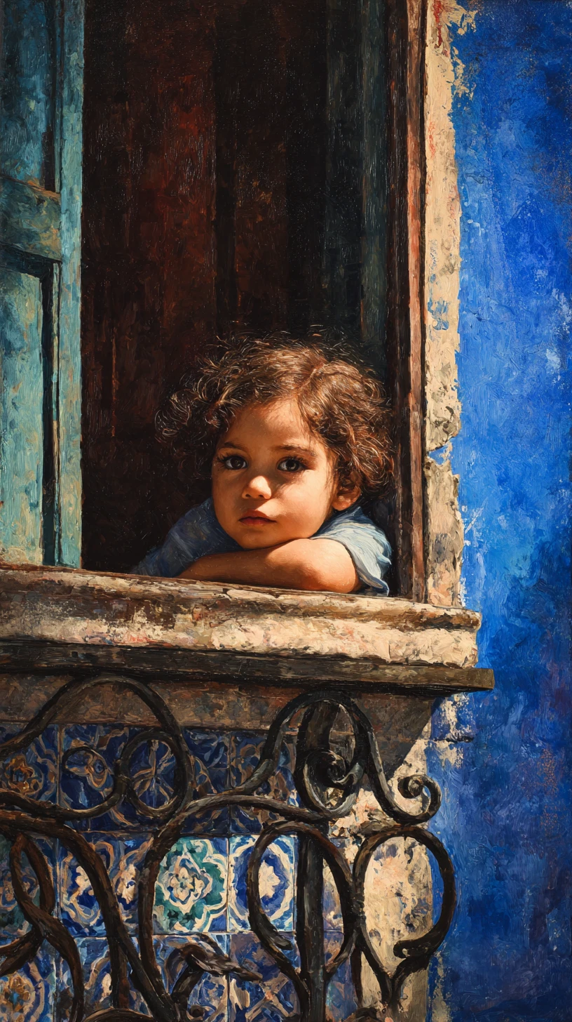 Jeune enfant à une fenêtre rustique aux couleurs méditerranéennes