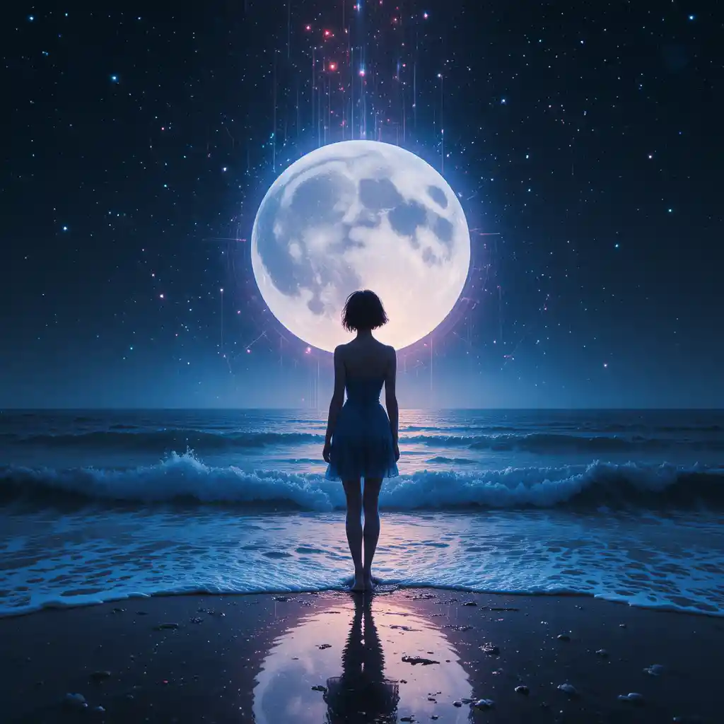Surreal woman silhouette under a glowing cosmic moon