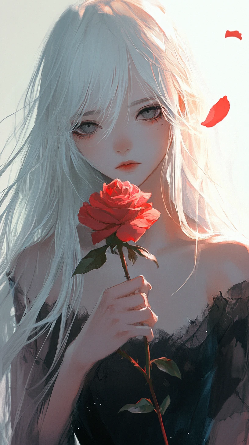 Ragazza anime con una rosa appassita su sfondo minimale
