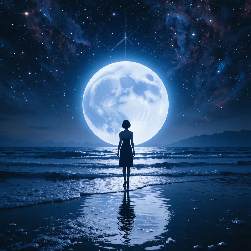 Surreal neon woman silhouette under a cosmic moonlit sky
