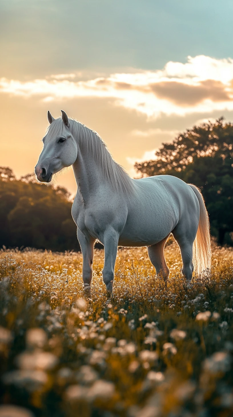 Cavalo branco em um prado iluminado pelo sol na hora dourada