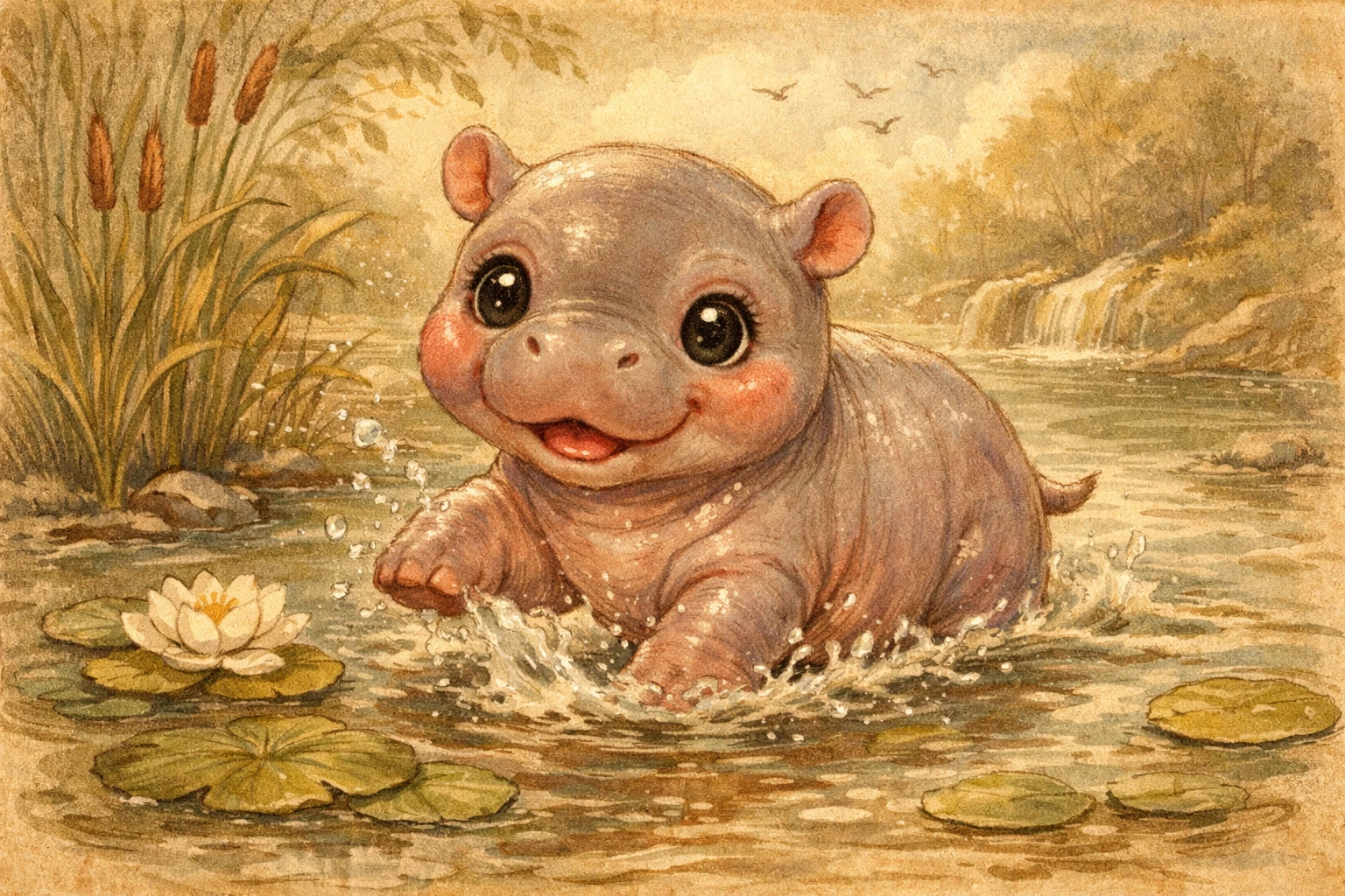 Cucciolo di ippopotamo che schizza giocando in un fiume poco profondo