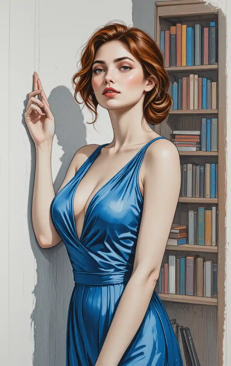 Elegant woman in blue robe colored pencil portrait
