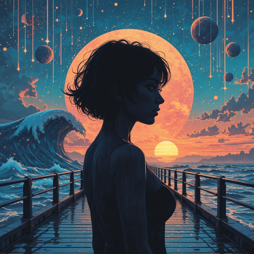 Glitched girl silhouette on reflective pier at cosmic sunset