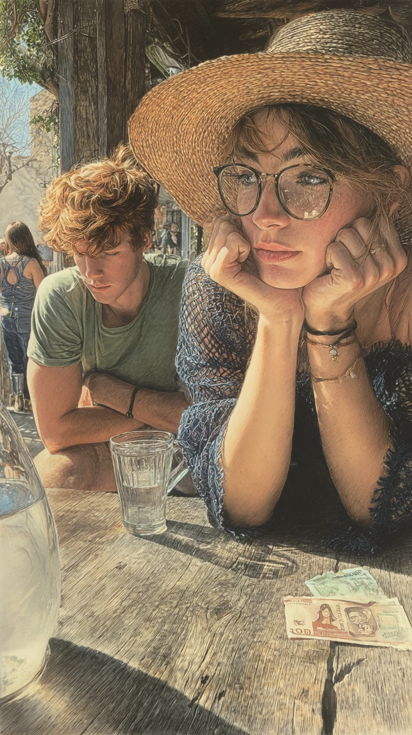 Melancholic woman at a quiet outdoor cafe table