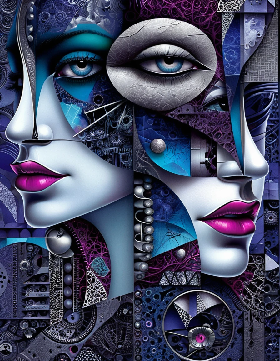 Retrato biomecânico de dois rostos com abstração geométrica