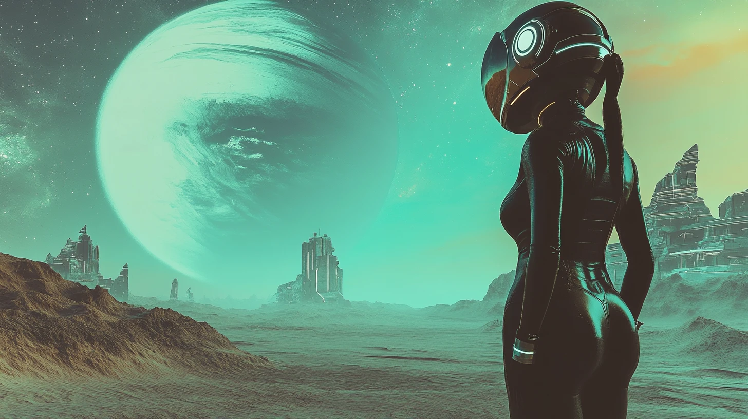 Donna sci‑fi in tuta aderente su pianeta alieno