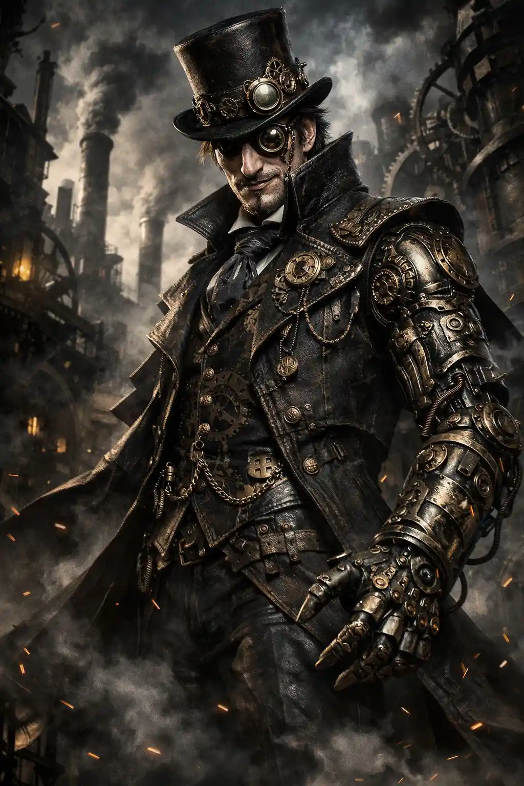 Steampunk-Uhrmacher-Schurke ragt über einer viktorianischen Stadt empor