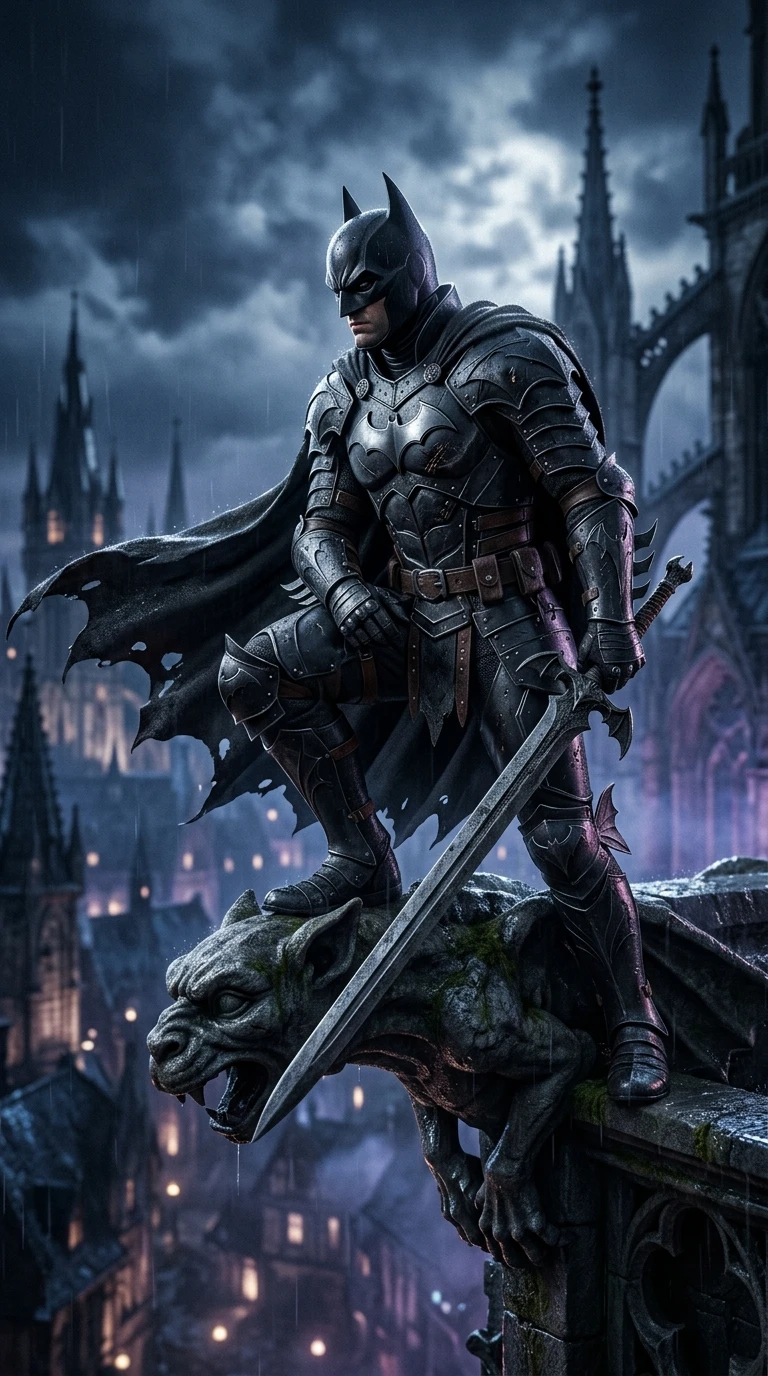 Dunkler Ritter in Rüstung auf einer gotischen Kathedralen-Gargoyle