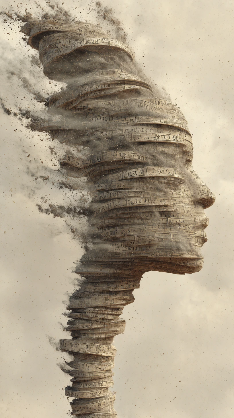 Cabeça Humana em Tornado Surreal se Dissolvendo em Vento e Poeira