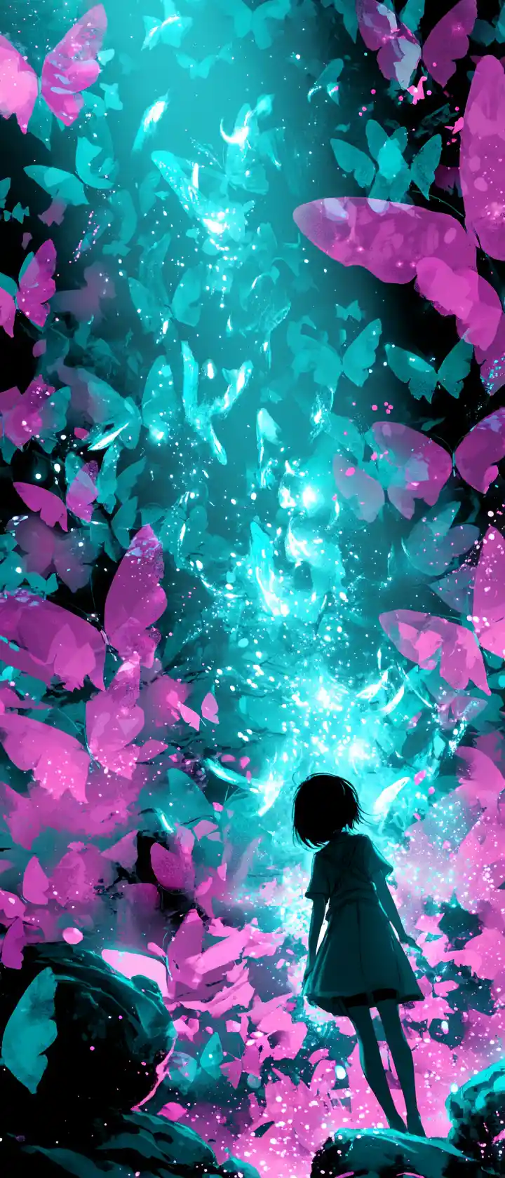 Joyful anime child with glowing radioactive butterfly swarm