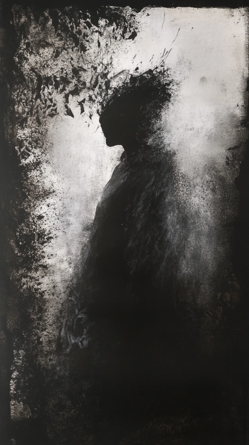 Surreal girl fused with a dark tree in shadowy room
