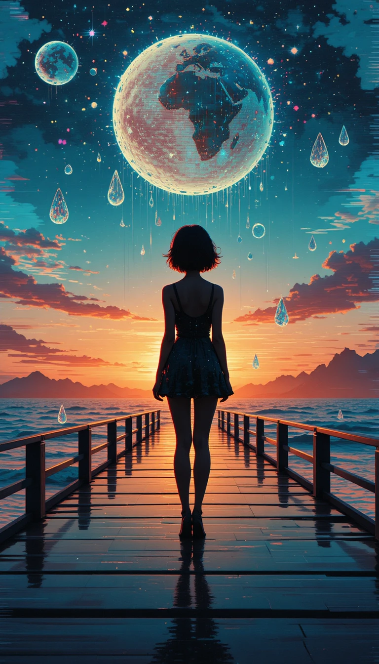 Glitched girl silhouette on reflective pier at cosmic sunset