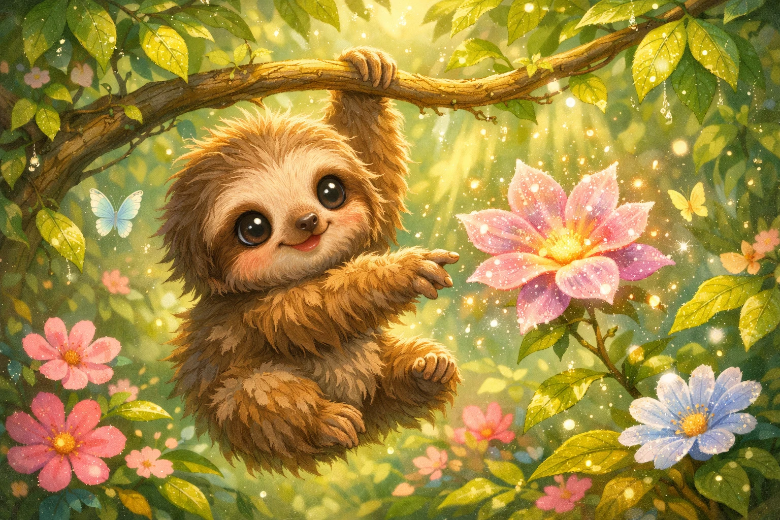 魔法のように光る花に手を伸ばす赤ちゃんナマケモノ