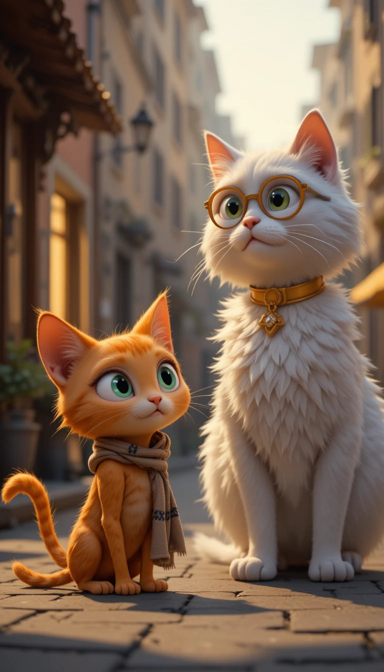 Gato laranja magro de rua encontra gato branco bondoso e rico