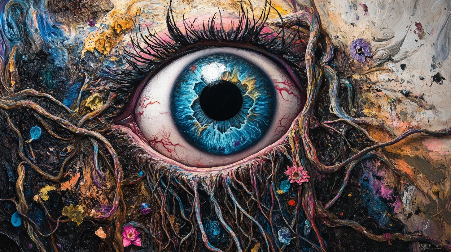 Surreal close up of a bound eyeball in twisting soil