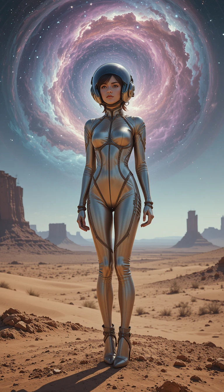 星雲前異星世界中的復古太空服女子