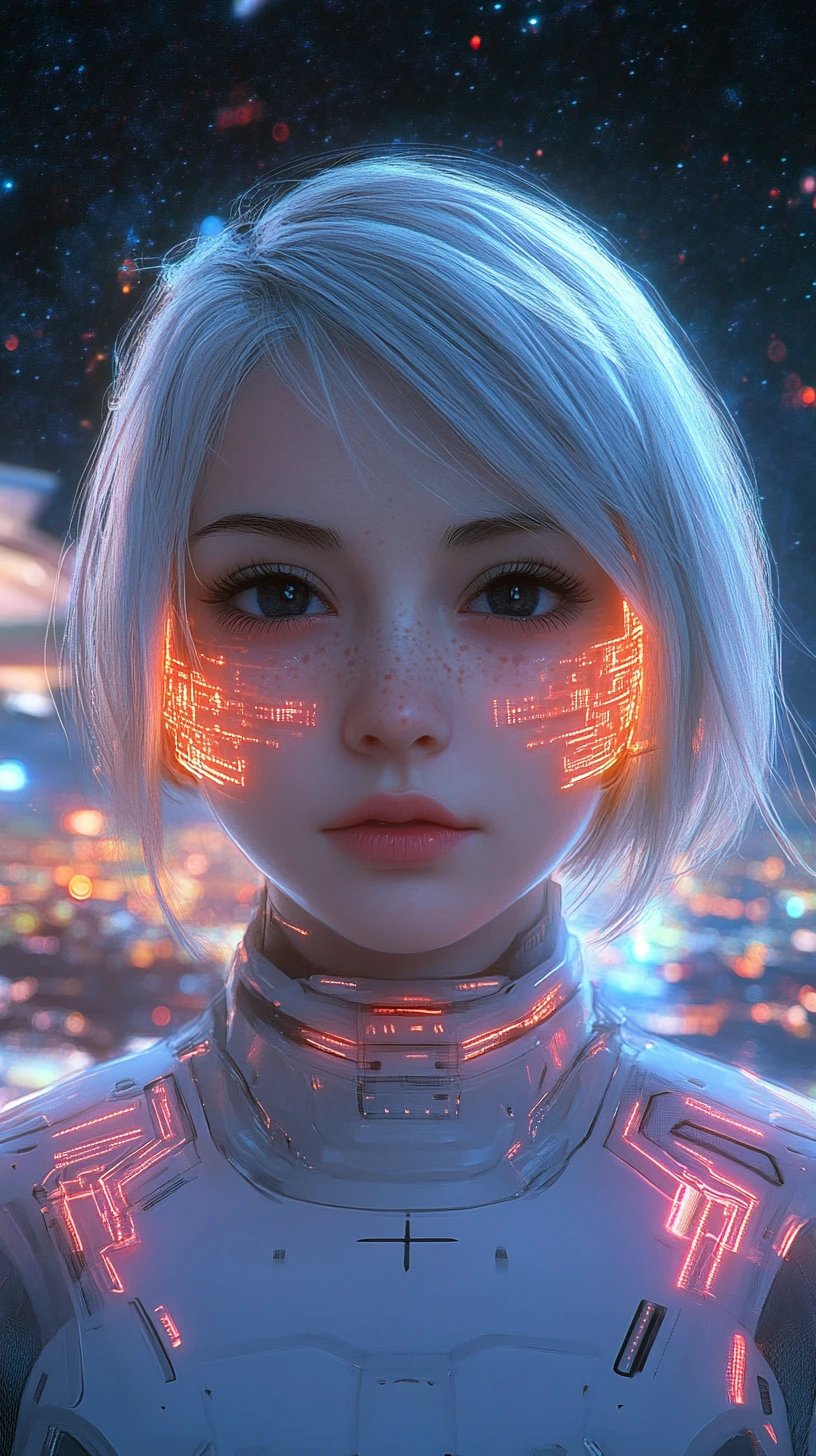 Garota de anime com circuitos de néon diante de uma estação espacial distante
