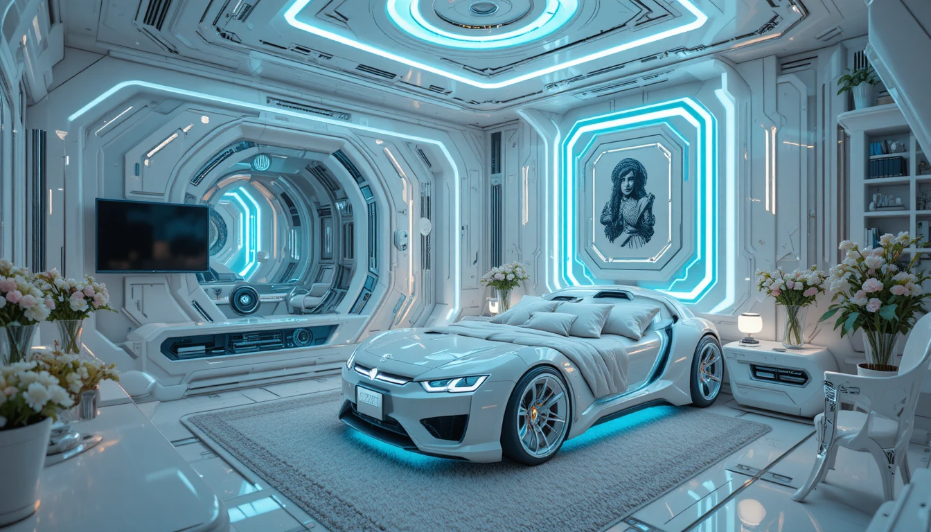 Camera da letto futuristica illuminata al neon con letto a forma di auto