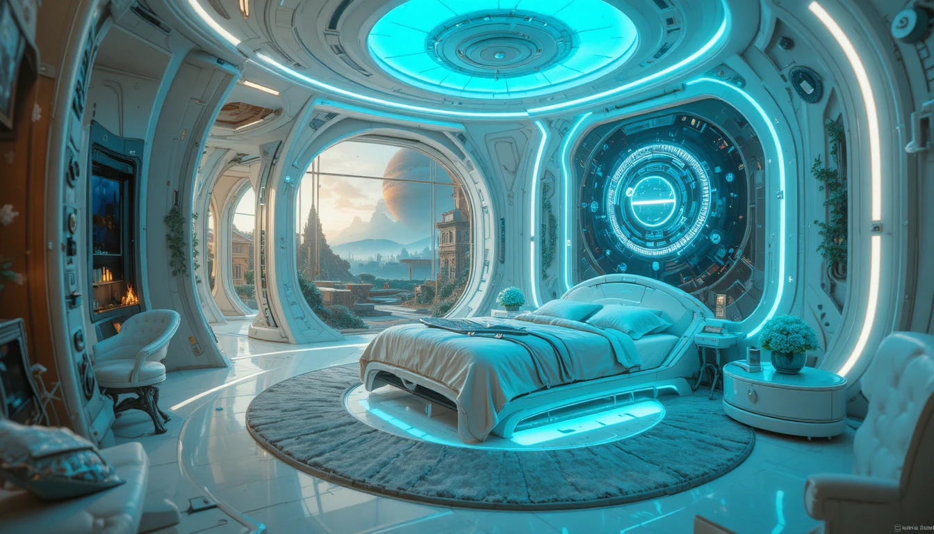 Camera da letto futuristica al neon con letto a forma di auto