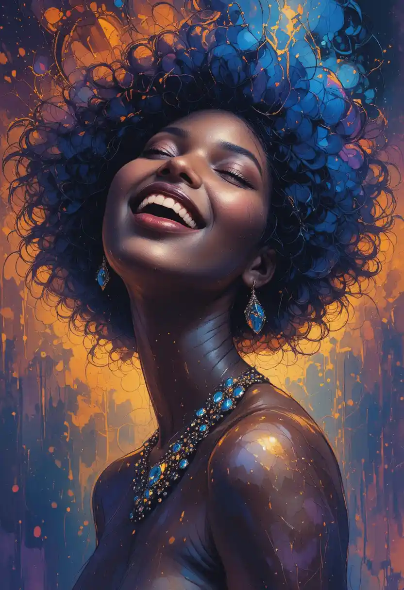 Joyful black woman laughing upward in mixed media portrait