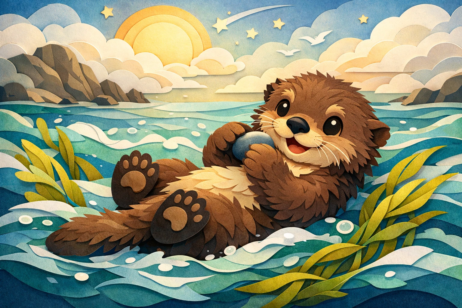 Playful baby sea otter floating on its back with pebble
