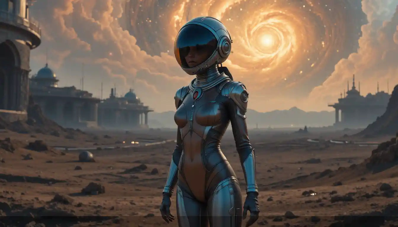 Woman in retro spacesuit on alien world beneath nebula