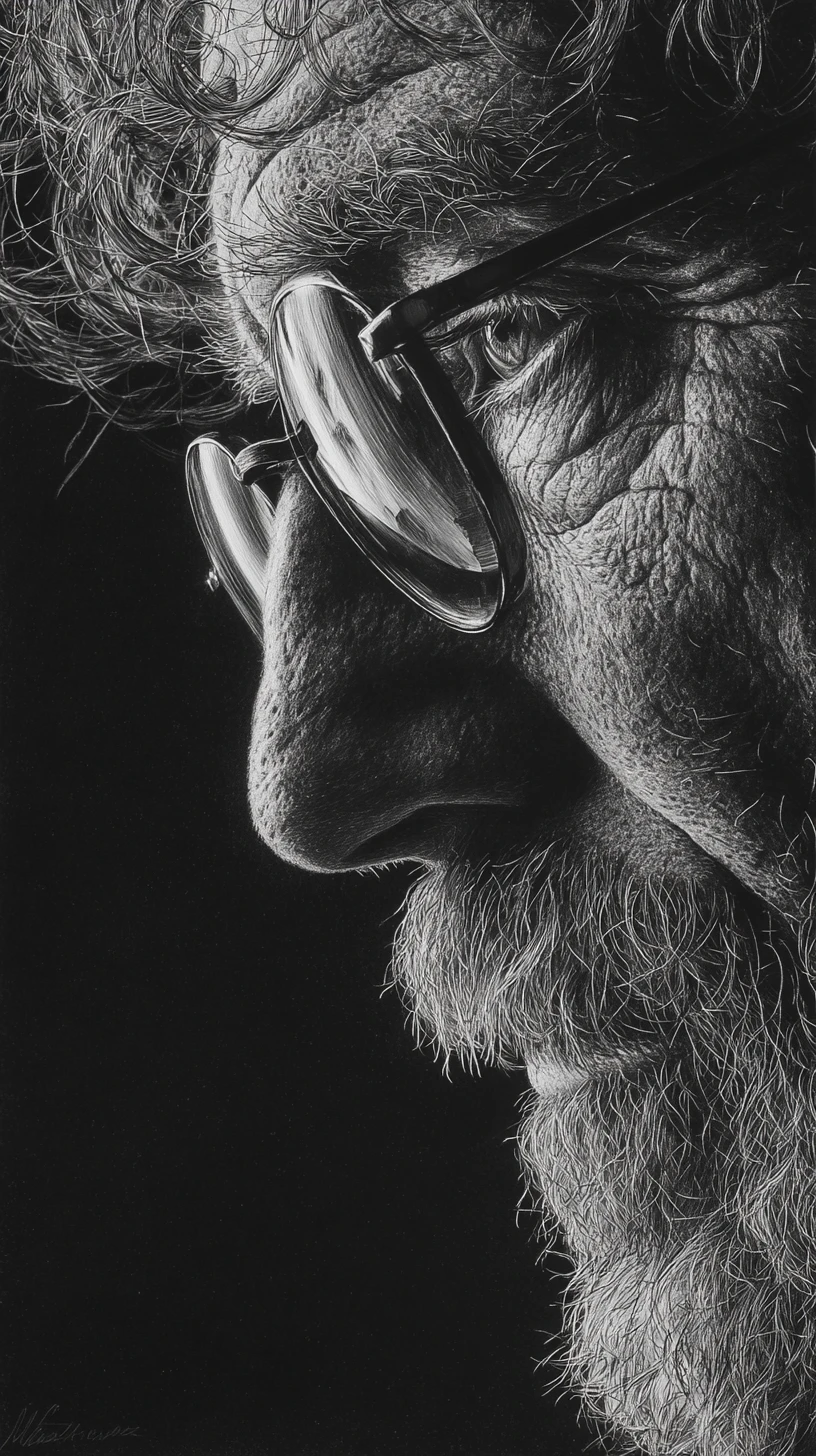 Retrato em lápis em close de um homem idoso de óculos