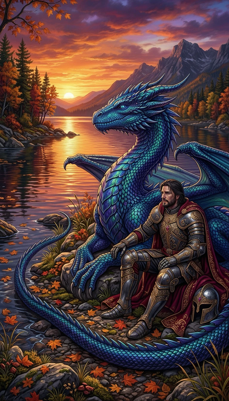 光る夕焼けの湖でくつろぐドラゴンと騎士
