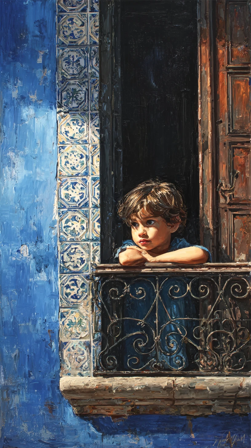 Child leaning from rustic window in oil painting