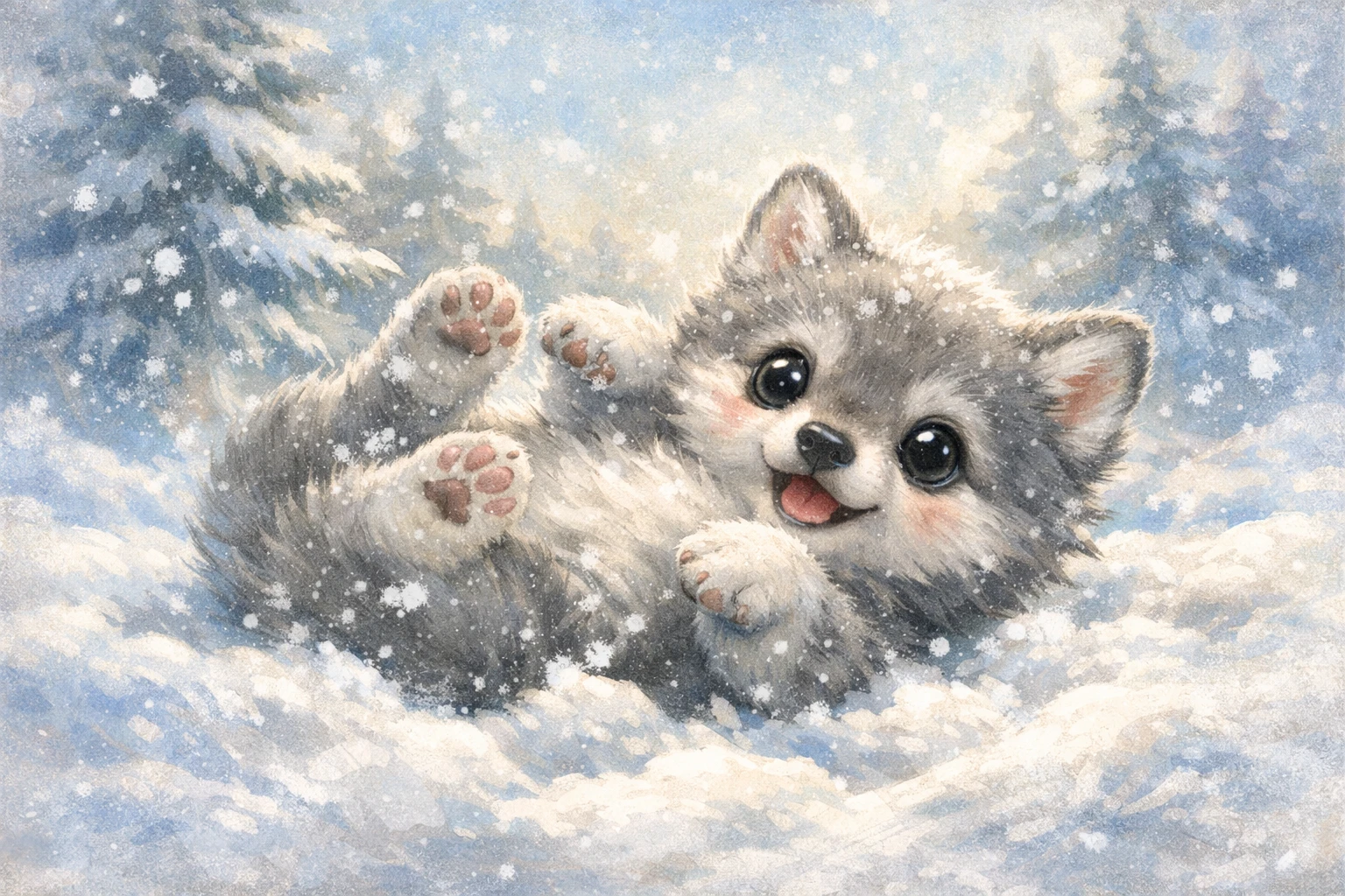 Filhote de lobo brincalhão rolando na neve macia de inverno