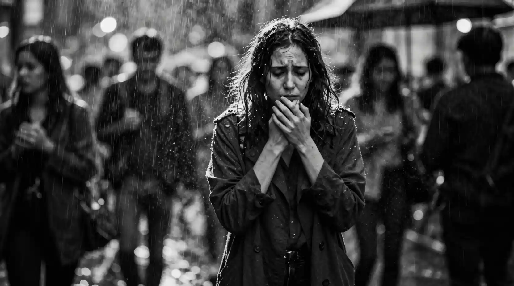 Woman walking through blurred crowd in noir city rain