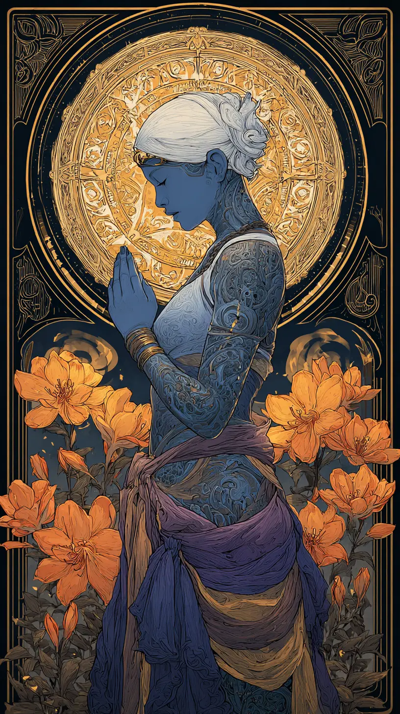 Tattooed woman in yoga pose with radiant mandala halo