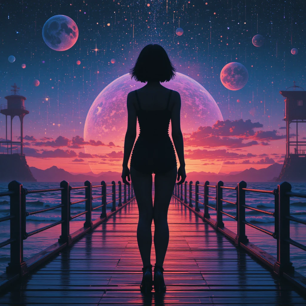 Sagoma glitch di ragazza su molo riflettente al tramonto cosmico