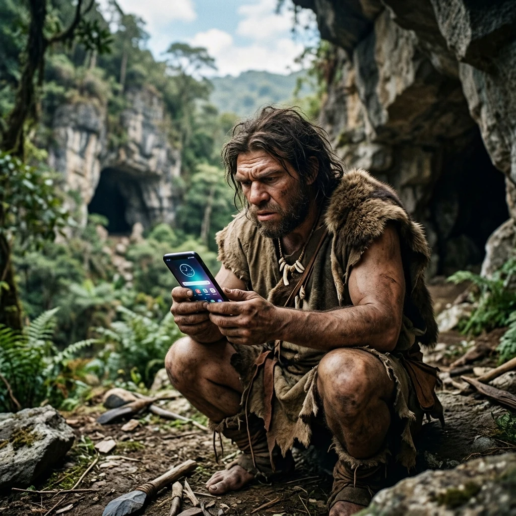 Neugieriger Neandertaler untersucht ein Smartphone in der Natur