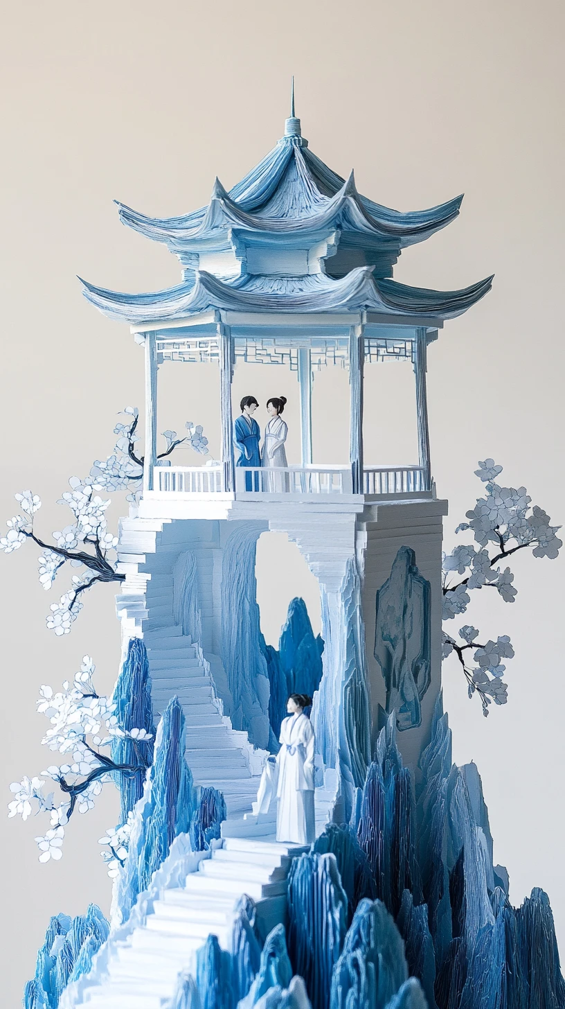 Pagode de papel em montanhas azuis em camadas com casal em hanfu