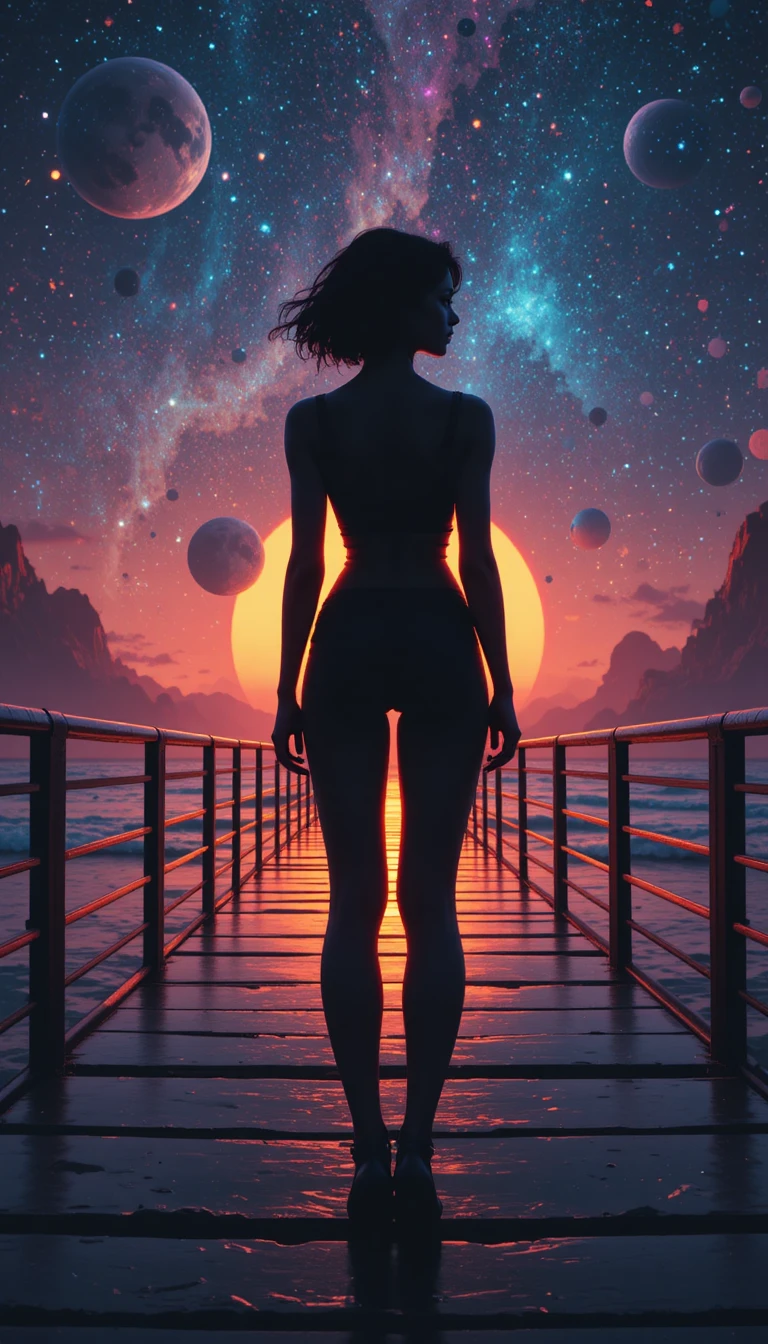 宇宙日落波浪下棧道上的剪影少女