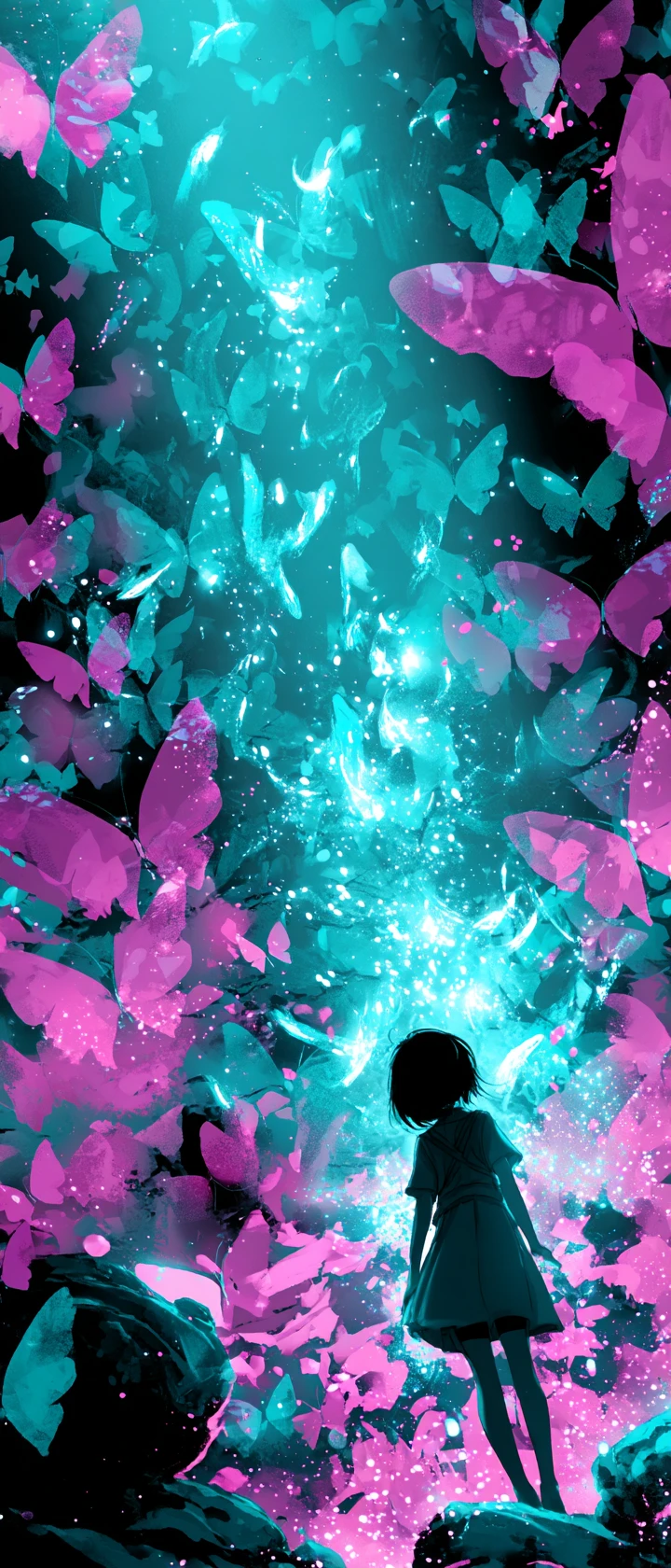 Joyful anime child with glowing radioactive butterfly swarm