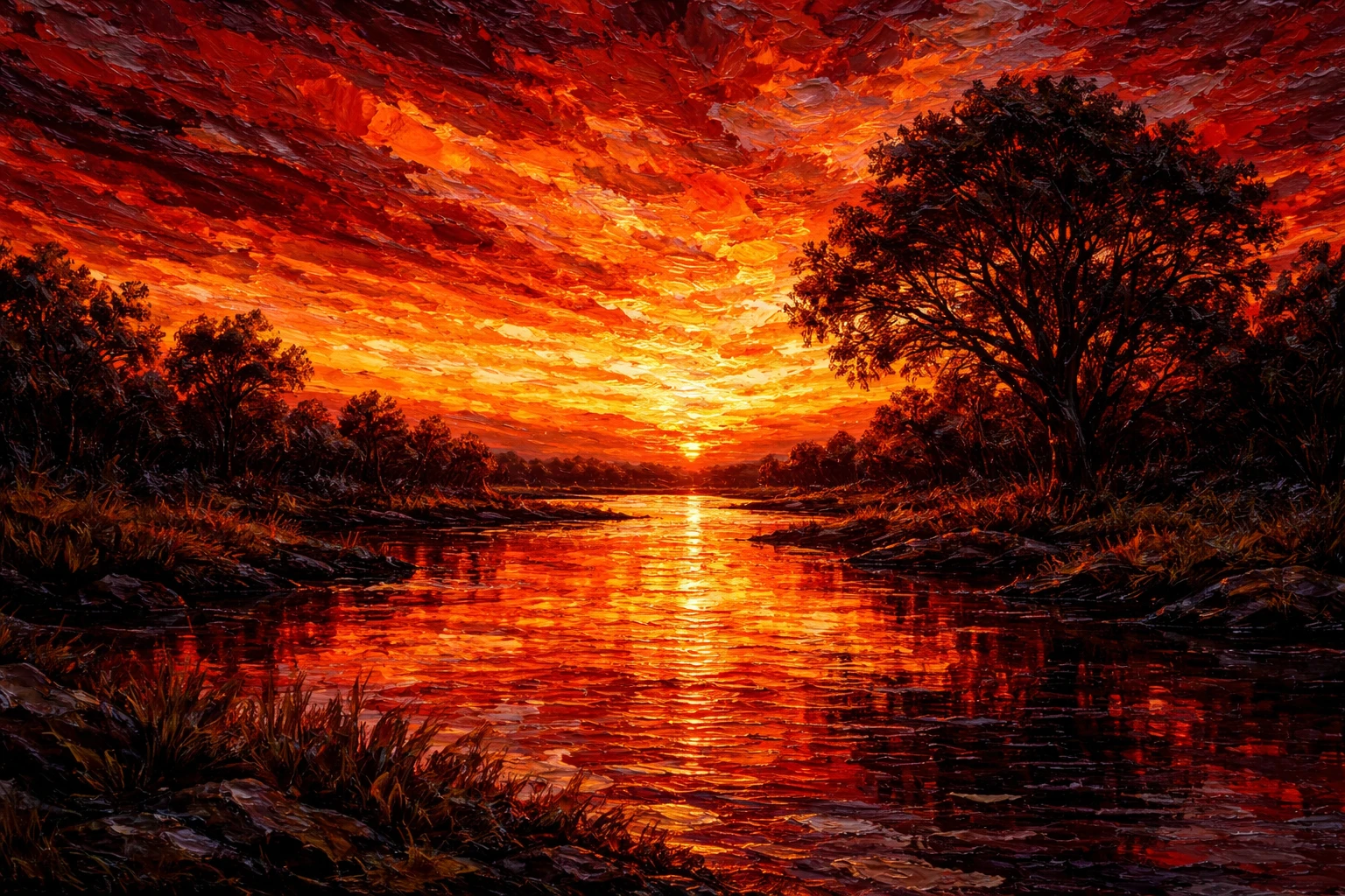 Paisagem de rio ao pôr do sol em impasto com árvore em silhueta e céu