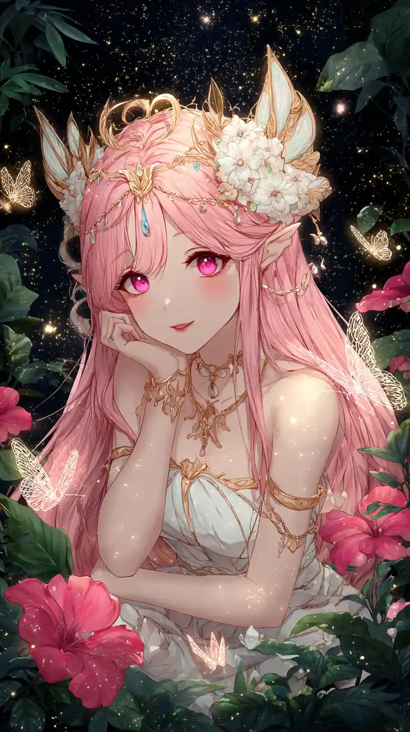 Fata ragazza dai capelli rosa in un luminoso giardino cosmico