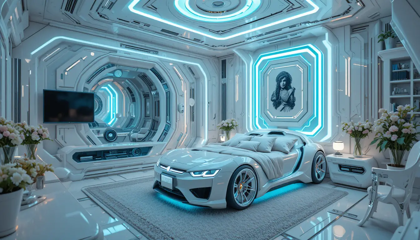 Chambre futuriste éclairée au néon avec lit en forme de voiture