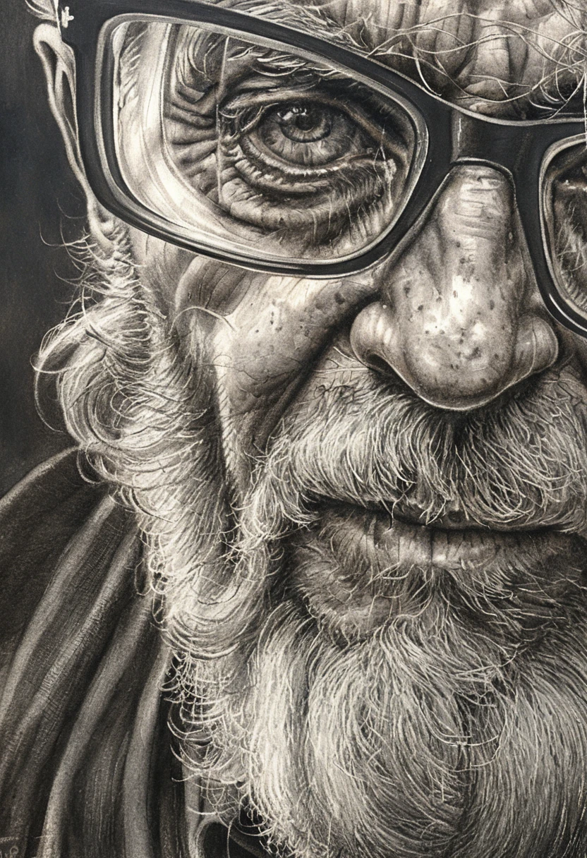 Portrait au crayon en gros plan d’un homme âgé portant des lunettes