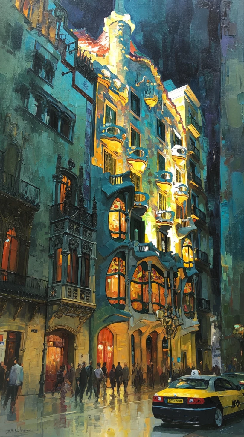 Vue dramatique en gouache de la Casa Batlló sur une rue animée de Barcelone