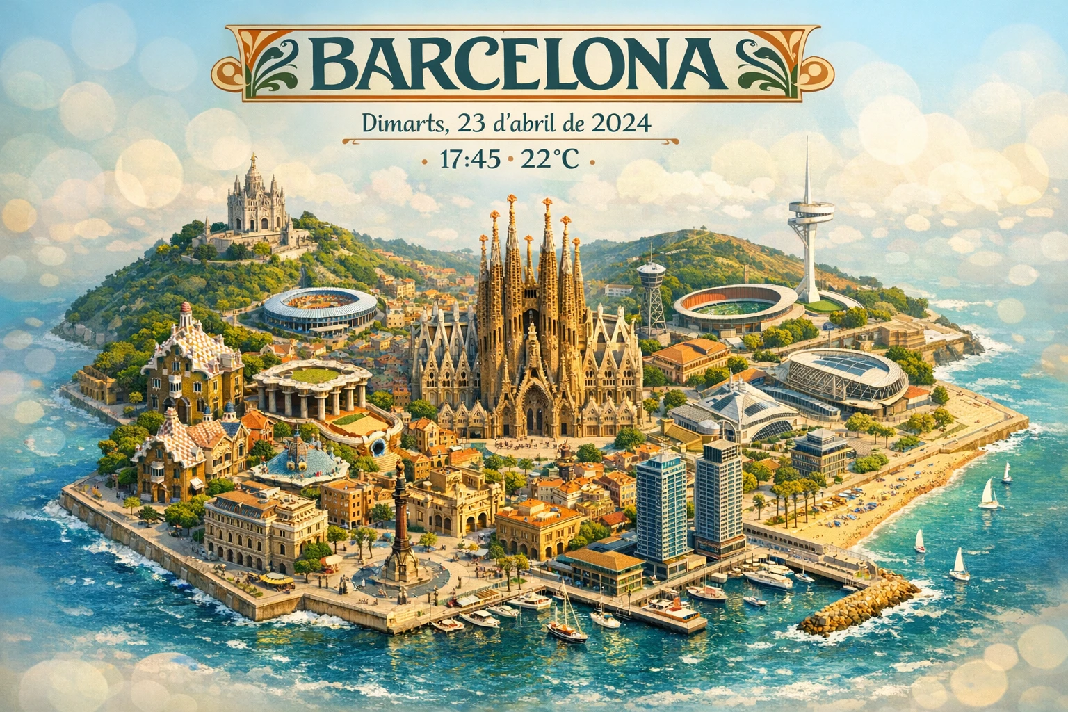 Paisagem isométrica de Barcelona com marcos icônicos e cores de verão