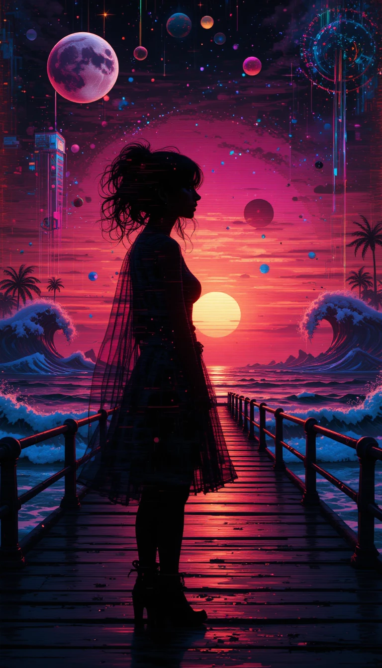 Glitched girl silhouette on a reflective pier at sunset