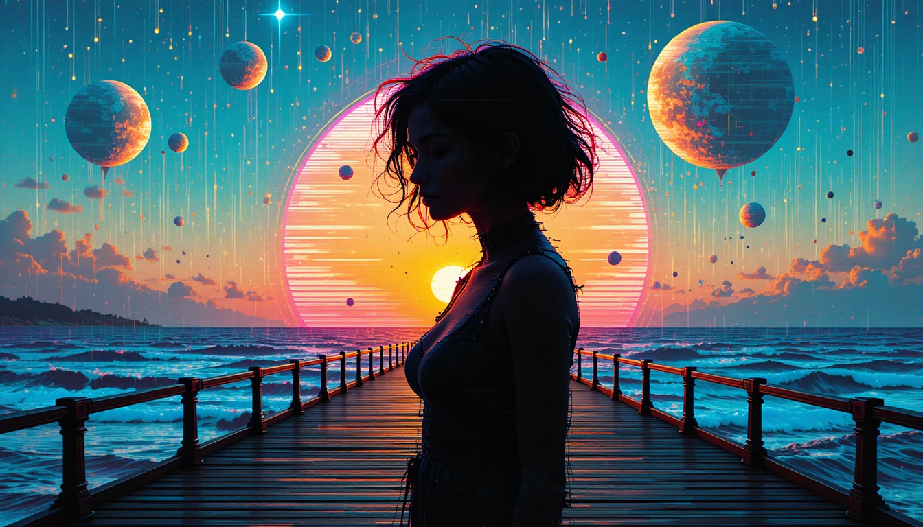 Glitched girl silhouette on a reflective pier at sunset