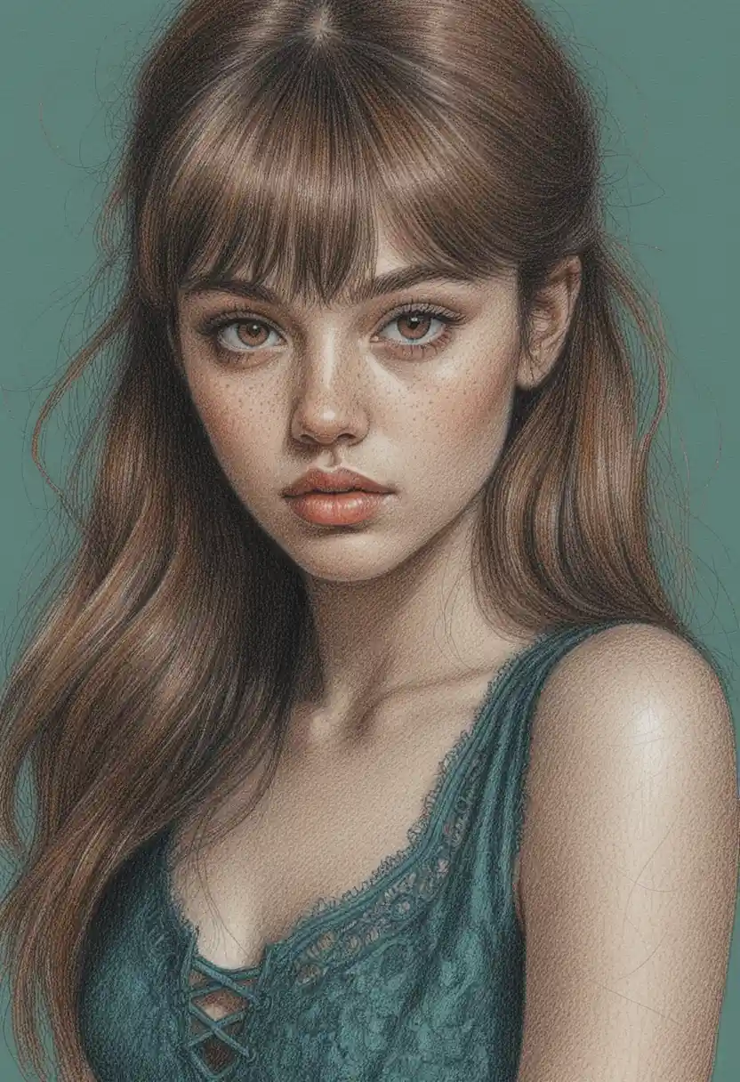 Ritratto a matite colorate di una ragazza lentigginosa con top in pizzo verde petrolio