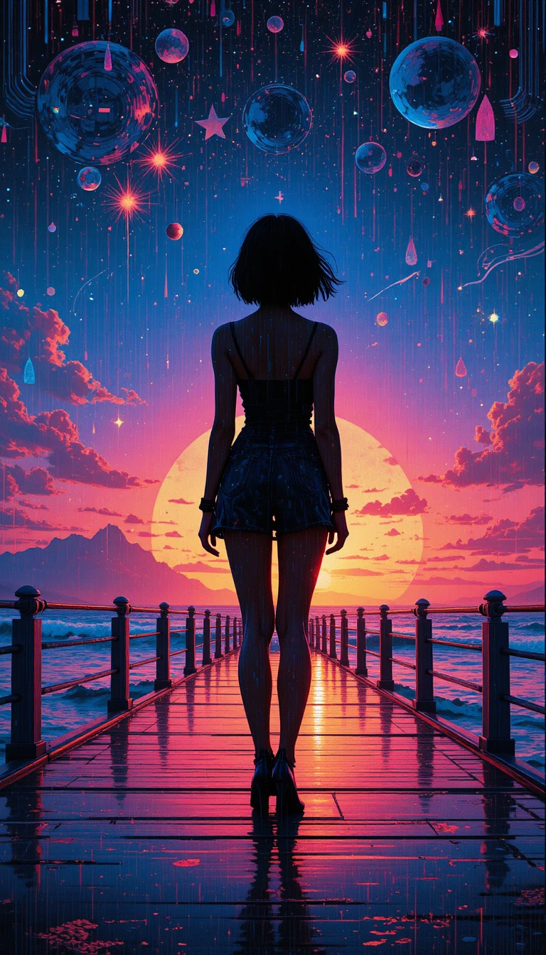 Glitched girl silhouette on reflective pier at cosmic sunset