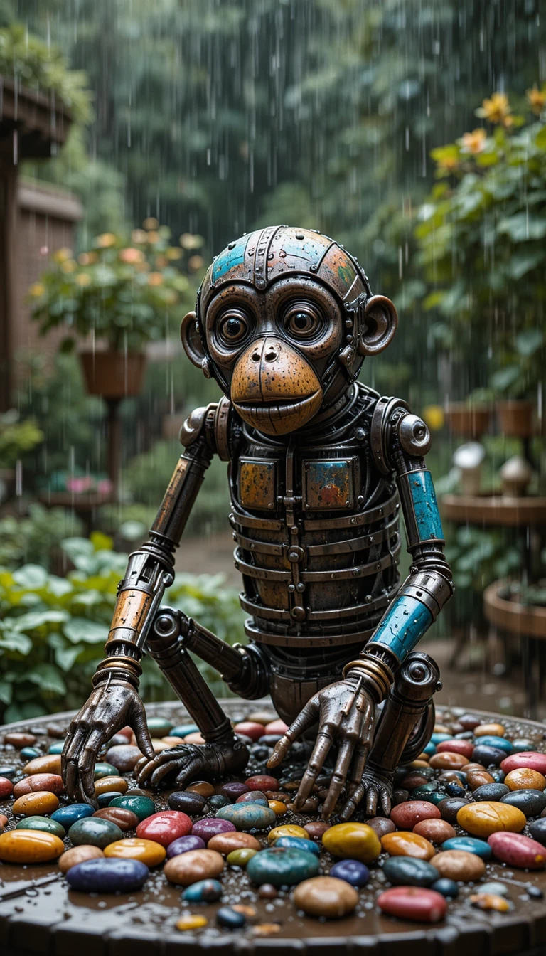 Vintage-Affen-Skulptur aus Metall mit bunten Zahnrädern